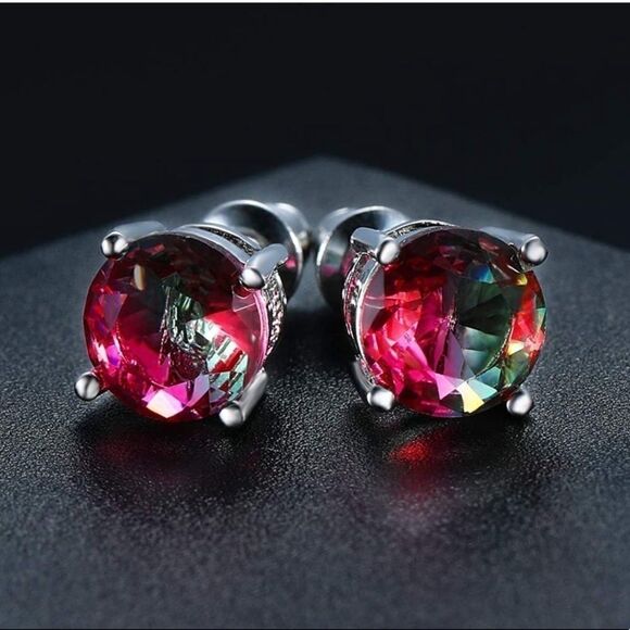 Watermelon Tourmaline Sterling Stud Earring 6, 7, 8mm - Picture 1 of 8